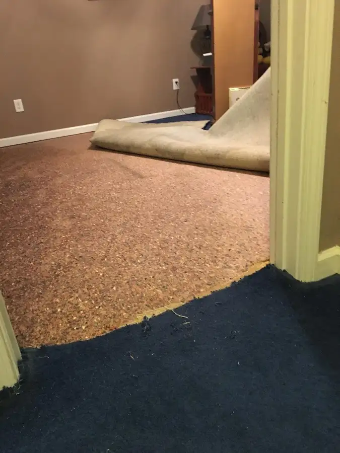 Carpet pad removal revealing water damage during Water Mitigation Services in Foley